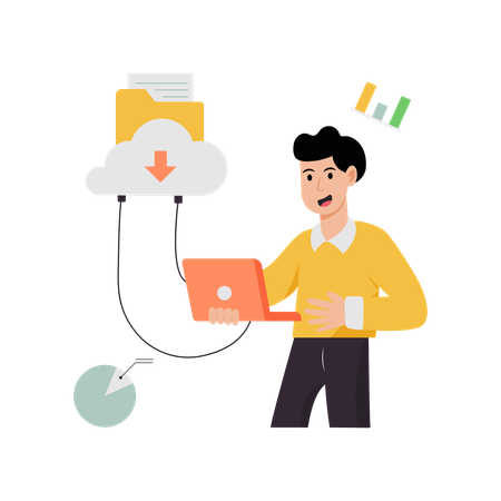 Homme travaillant sur un réseau de dossiers cloud  Illustration