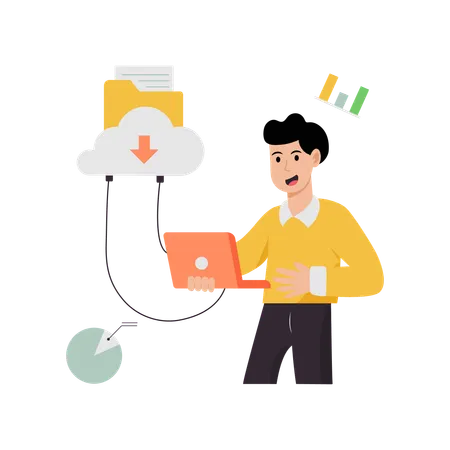 Homme travaillant sur un réseau de dossiers cloud  Illustration