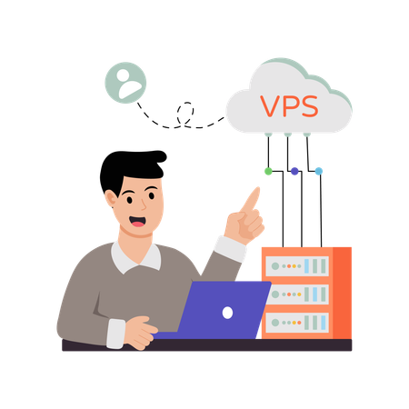 Homme travaillant sur un hébergement VPS  Illustration