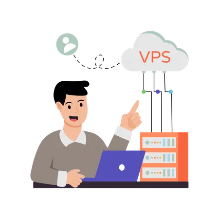 Homme travaillant sur un hébergement VPS  Illustration