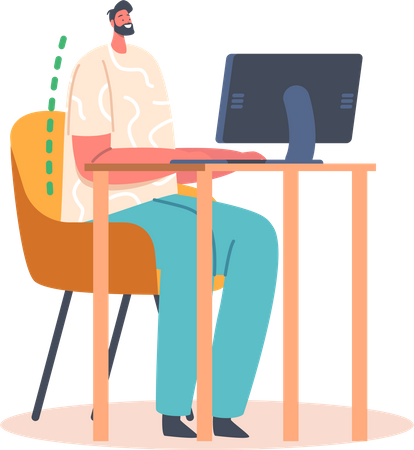 Homme travaillant sur un ordinateur avec une position assise correcte  Illustration