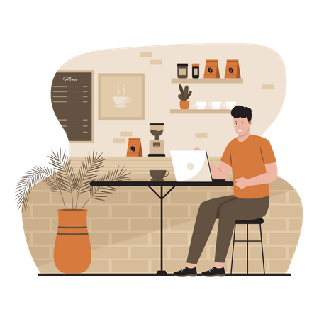 Homme travaillant sur un ordinateur portable au café  Illustration