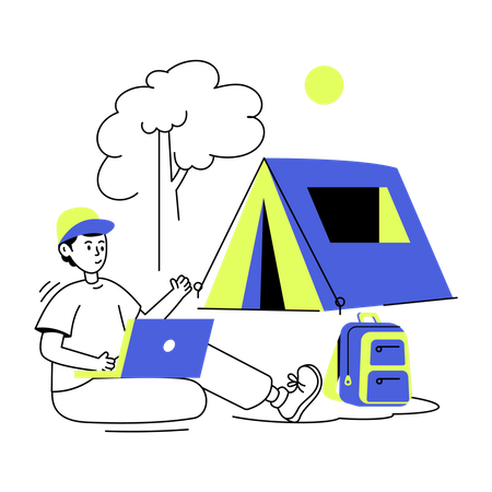 Homme travaillant sur un ordinateur portable au camping  Illustration