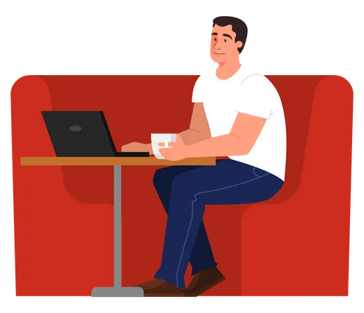 Homme travaillant sur un ordinateur portable avec boire du café  Illustration