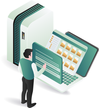 Homme travaillant sur un ordinateur portable avec un serveur de données de dossier  Illustration