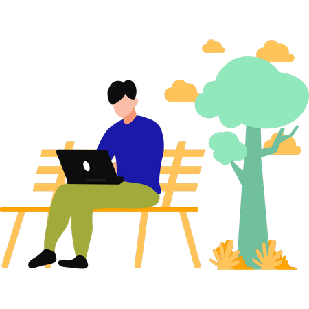 Homme travaillant sur l'ordinateur portable dans le parc  Illustration