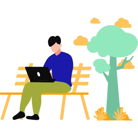 Homme travaillant sur l'ordinateur portable dans le parc  Illustration