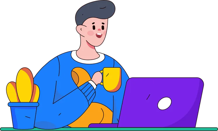 Homme travaillant sur un ordinateur portable et buvant du café  Illustration