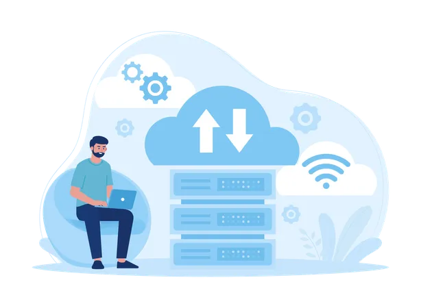 Homme travaillant sur un ordinateur portable lors du téléchargement de données depuis le serveur  Illustration
