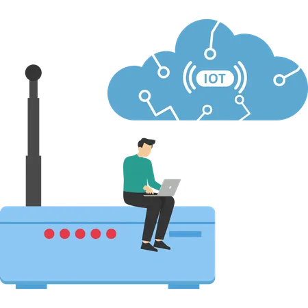 Homme travaillant sur un ordinateur portable tout en utilisant le réseau wifi  Illustration