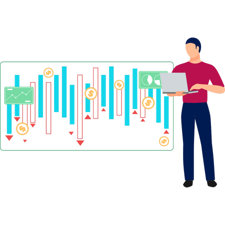 Homme travaillant sur un ordinateur portable tout en effectuant une analyse d'investissement  Illustration