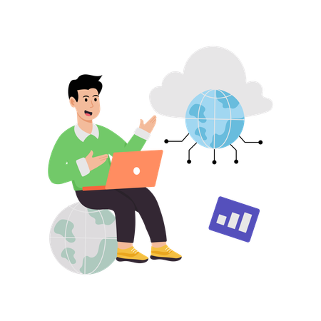 Homme travaillant sur le réseau cloud mondial  Illustration