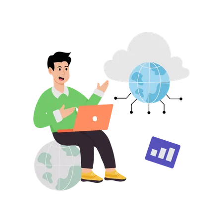 Homme travaillant sur le réseau cloud mondial  Illustration