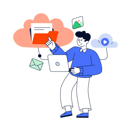 Un homme travaille sur un stockage en nuage  Illustration