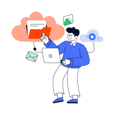 Un homme travaille sur un stockage en nuage  Illustration