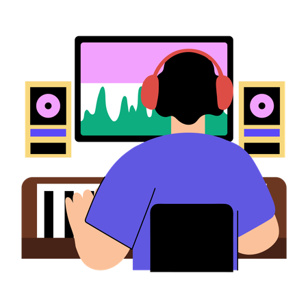Homme travaillant sur un système de production sonore  Illustration