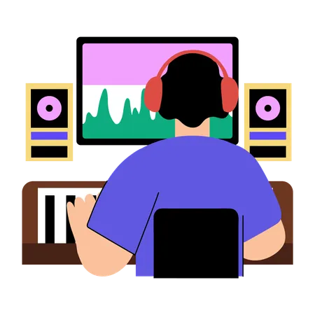 Homme travaillant sur un système de production sonore  Illustration