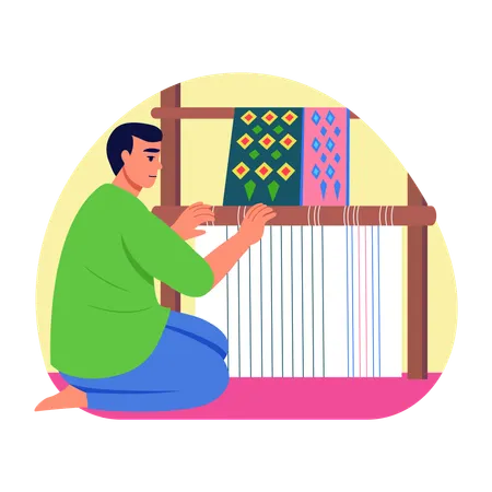 Homme travaillant sur un tissage artisanal  Illustration