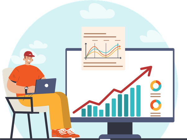 Homme travaillant sur la courbe de croissance des entreprises  Illustration