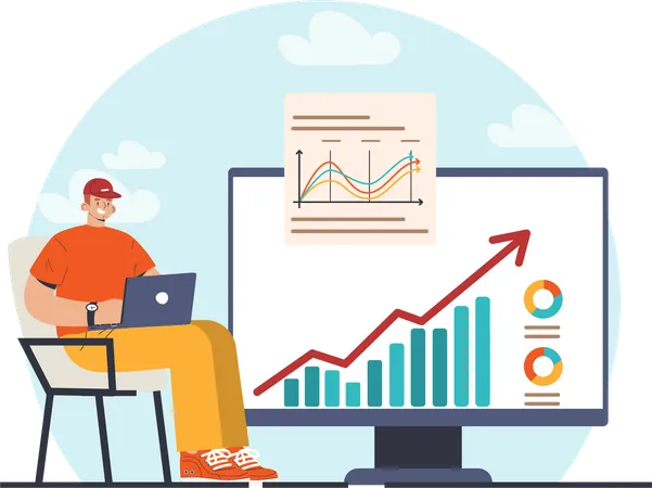 Homme travaillant sur la courbe de croissance des entreprises  Illustration