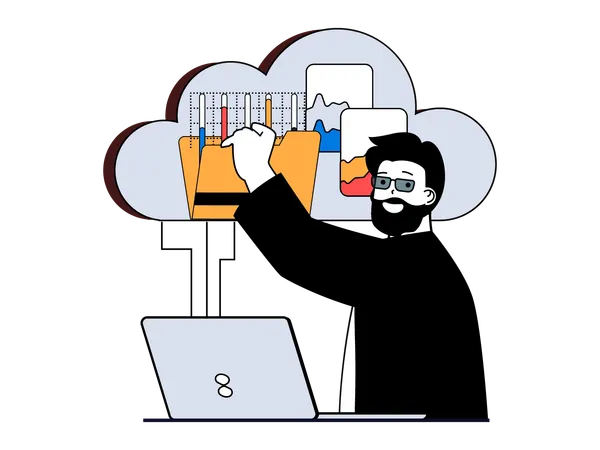 Homme travaillant sur l'analyse des statistiques d'entreprise  Illustration