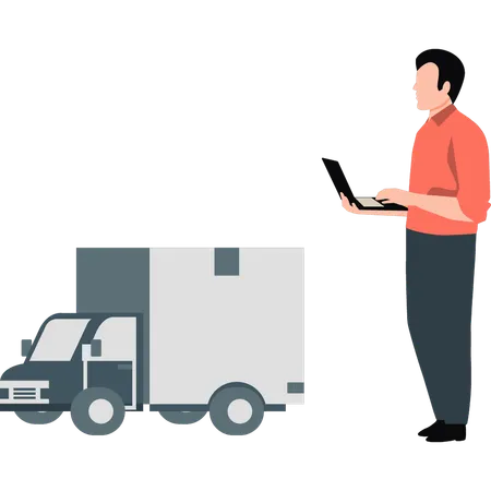 Homme travaillant sur une camionnette de livraison  Illustration