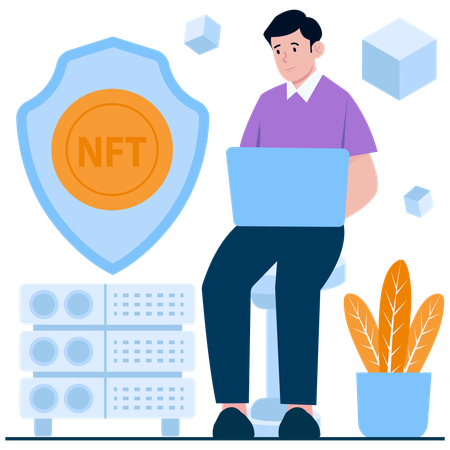 Un homme travaillant sur une plateforme de sécurité NFT  Illustration