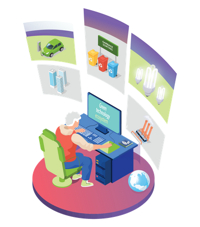 Homme travaillant vers la technologie verte  Illustration