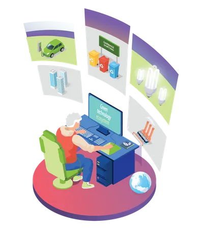 Homme travaillant vers la technologie verte  Illustration