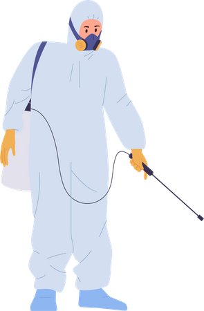 Homme travailleur portant une combinaison de désinfection pulvérisant du poison toxique contre les parasites  Illustration