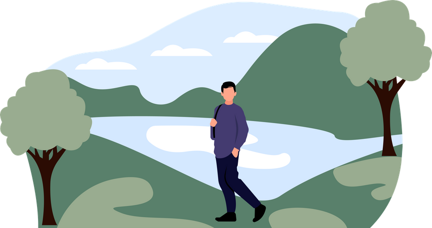 Homme trekking entre les montagnes  Illustration