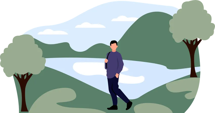 Homme trekking entre les montagnes  Illustration