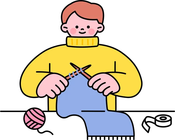 Homme tricotant des vêtements en laine  Illustration