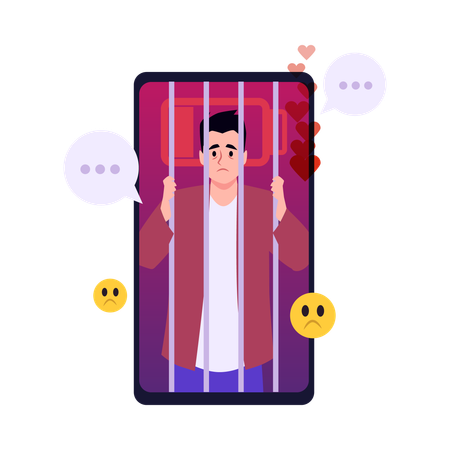 Un homme triste derrière les barreaux au téléphone aime beaucoup la dépendance psychologique en ligne aux gadgets  Illustration
