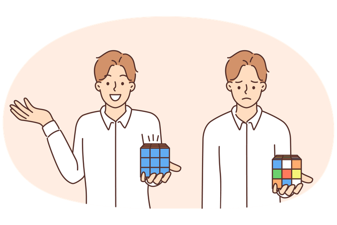 Un homme triste et joyeux tenant un Rubik's Cube essayant d'assembler un jouet logique en résolvant un puzzle  Illustration