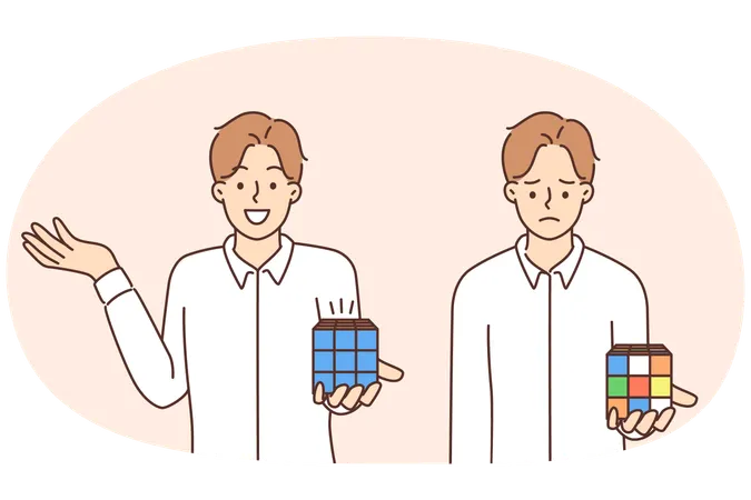 Un homme triste et joyeux tenant un Rubik's Cube essayant d'assembler un jouet logique en résolvant un puzzle  Illustration