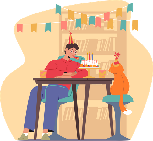 Un homme triste fête son anniversaire accompagné uniquement de son fidèle chat  Illustration