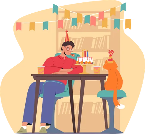 Un homme triste fête son anniversaire accompagné uniquement de son fidèle chat  Illustration