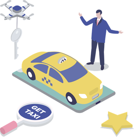 Un homme trouve un taxi en ligne  Illustration