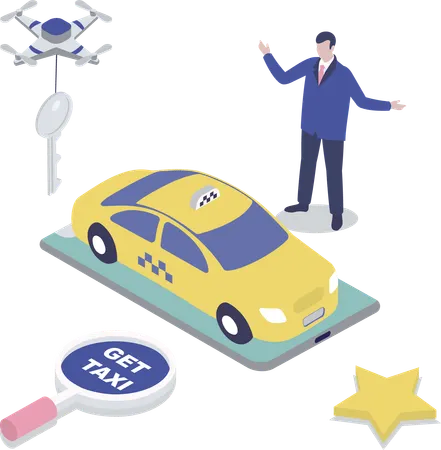 Un homme trouve un taxi en ligne  Illustration