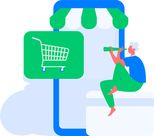 Un homme trouve un produit d'achat en ligne à l'aide d'un télescope  Illustration