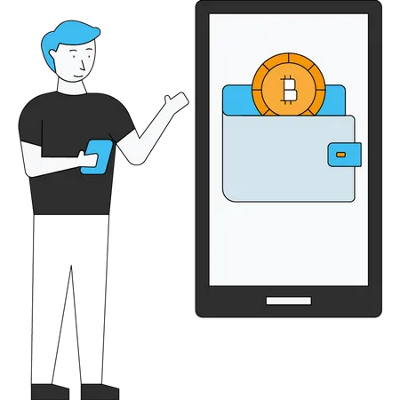 Homme utilisant un portefeuille Bitcoin en ligne  Illustration