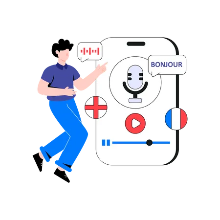 Homme utilisant une application de traduction de langue mondiale  Illustration