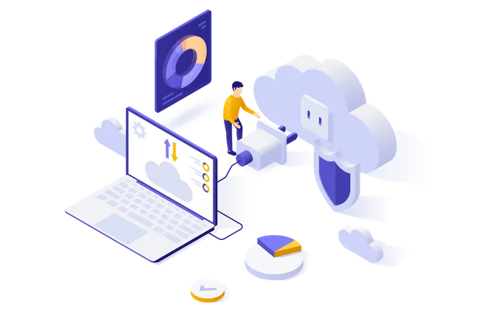 Homme utilisant Internet pour accéder aux services cloud  Illustration