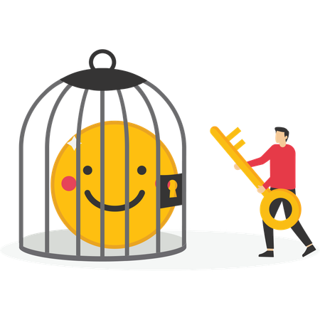 Homme utilisant la clé pour libérer le bonheur en cage  Illustration