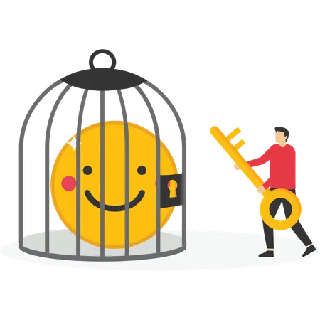 Homme utilisant la clé pour libérer le bonheur en cage  Illustration