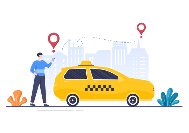 Homme utilisant une application de réservation de taxi en ligne  Illustration