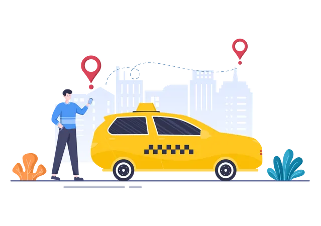 Homme utilisant une application de réservation de taxi en ligne  Illustration