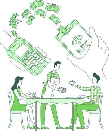 Homme utilisant l'application NFC pour le paiement de factures  Illustration