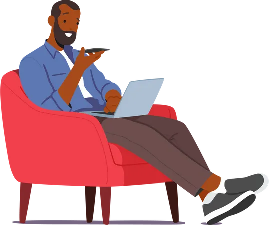 Homme utilisant le service Chat Bot sur son smartphone et son ordinateur portable tout en étant assis sur un fauteuil  Illustration